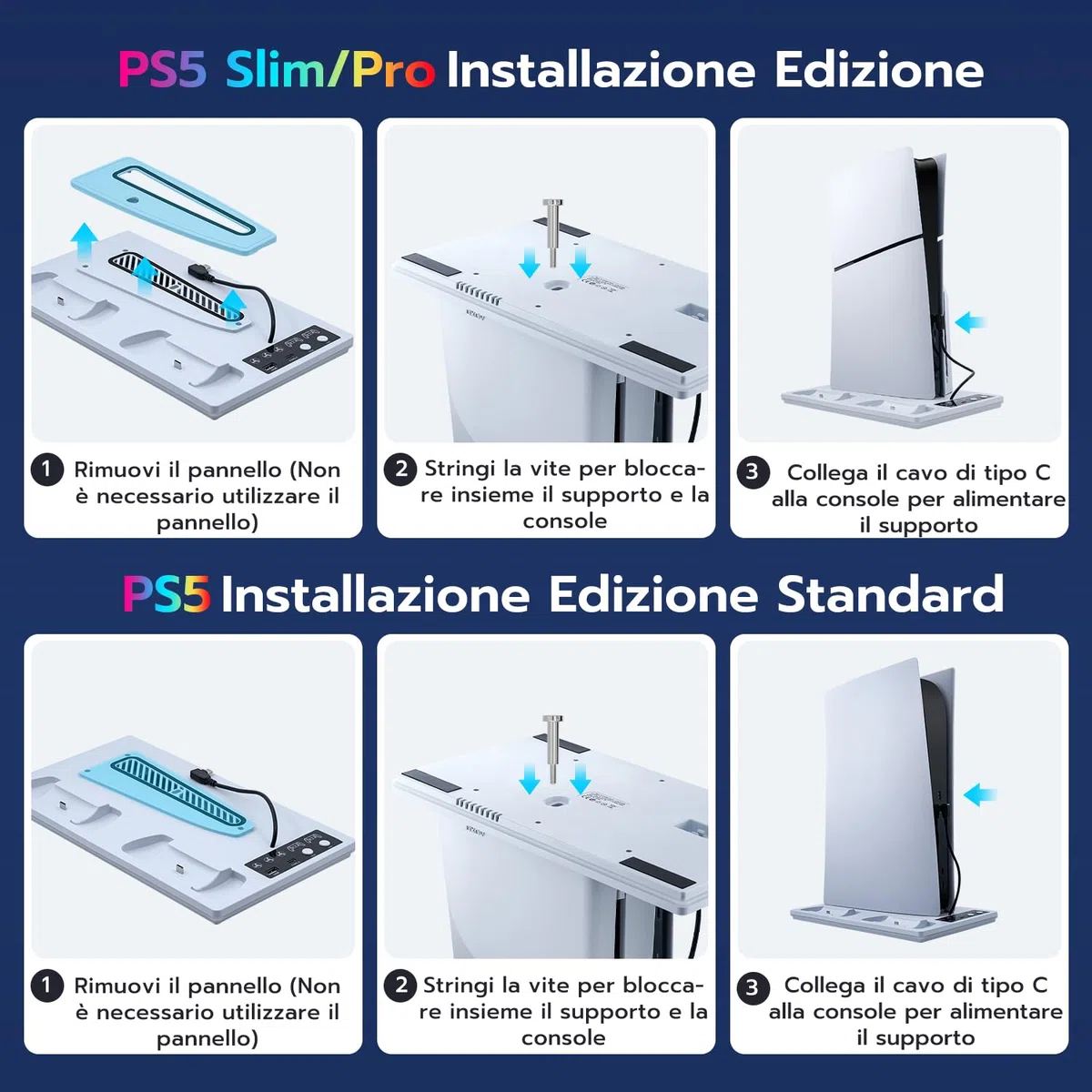 Verticale Supporto con Raffreddamento e Ricarica per PS5/PS5 Pro/PS5 Slim, Ventola 3 Livelli RGB