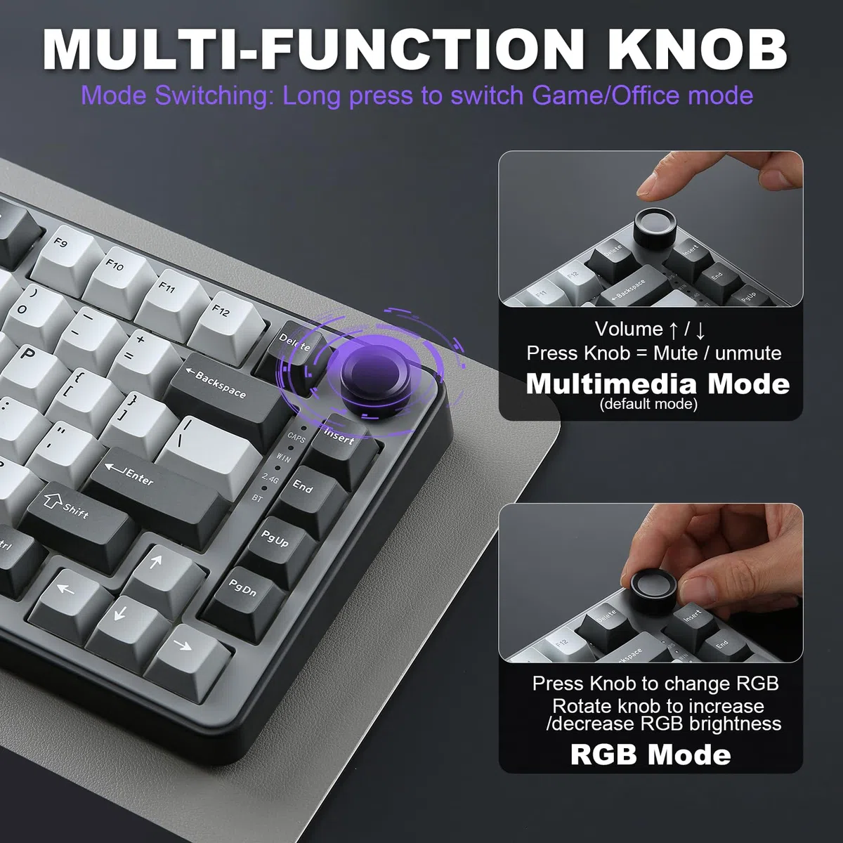 YUNZII B75 PRO Tastiera Meccanica Senza Fili, 75% Gaming Keyboard Hot Swap con Manopola, Interruttori Pre-lubrificati RGB, BT/Tipo-C/2.4G (Dark Grey, Cocoa Cream V2 Switch)