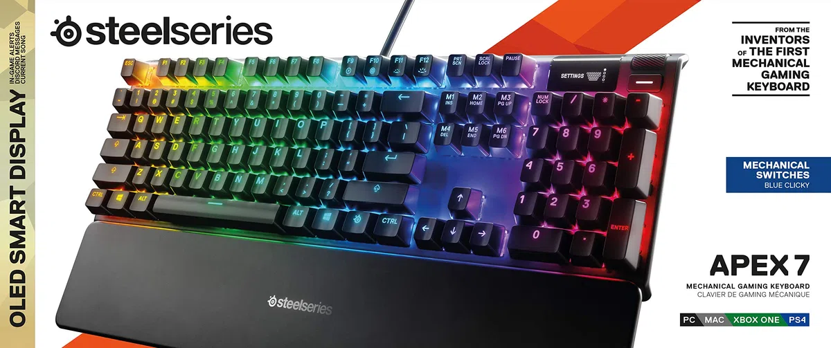 SteelSeries Apex 7 - Tastiera meccanica per videogiochi - Smart Display OLED - Retroilluminazione LED RGB - Switch Blu - Layout Tedesco (QWERTZ)