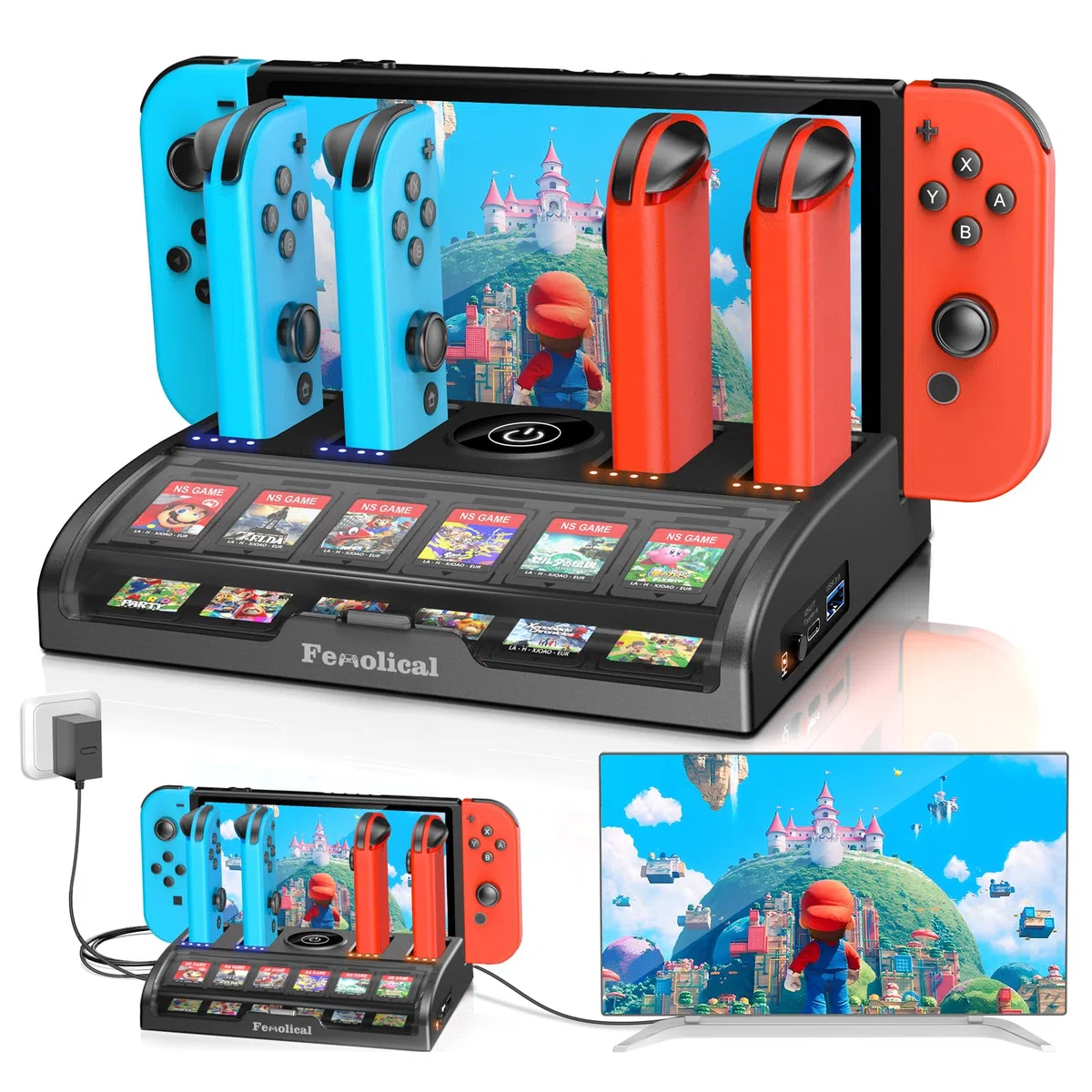 Fenolical Switch TV Dock Station compatibile con Nintendo, stazione di ricarica HDMI 4K/1080P con 12 posti di gioco