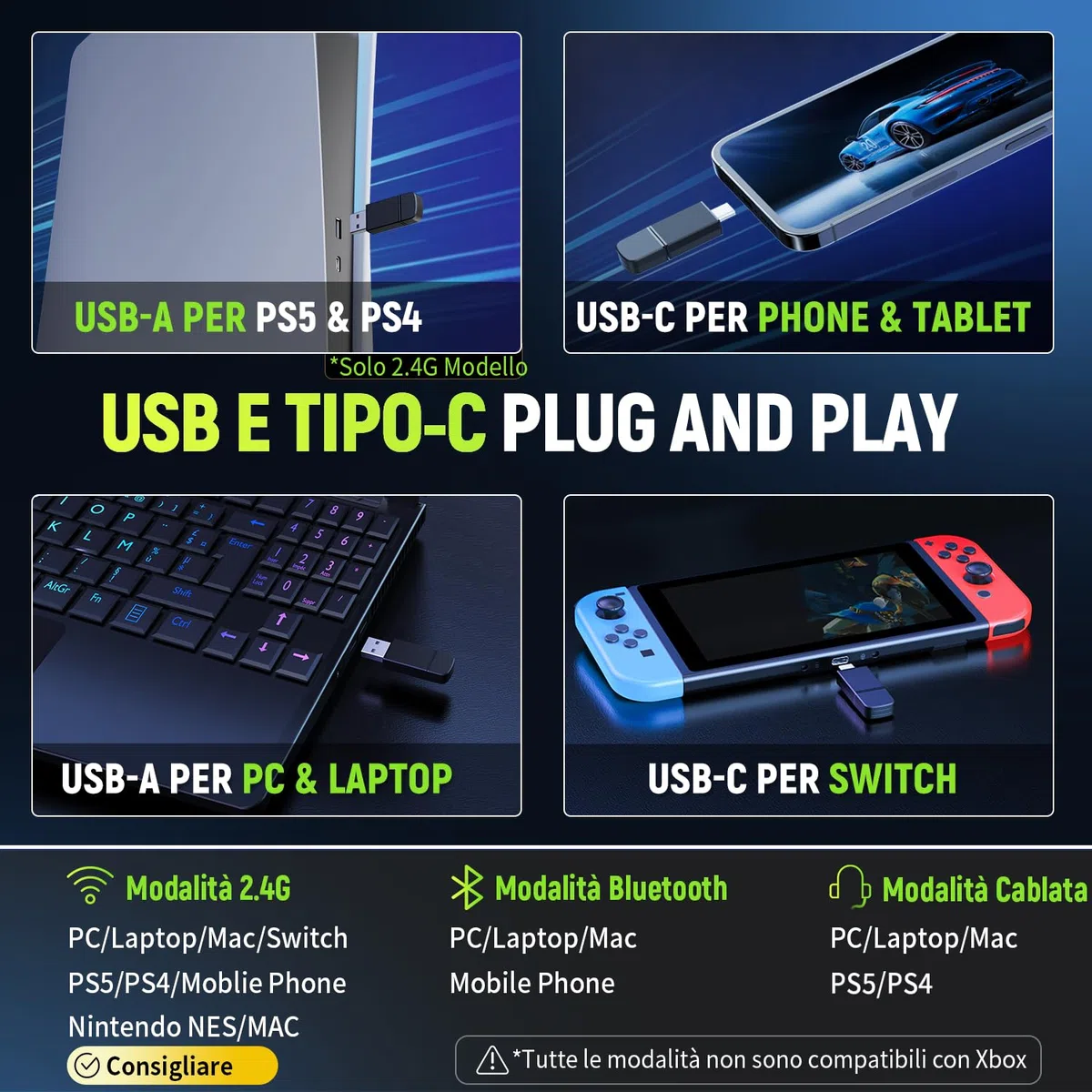 Tatybo Cuffie Gaming Wireless per PC/PS5/PS4, 2,4 GHz+Bluetooth 5.4 Dual Mode, Suono Surround 7.1, Durata 40 Ore