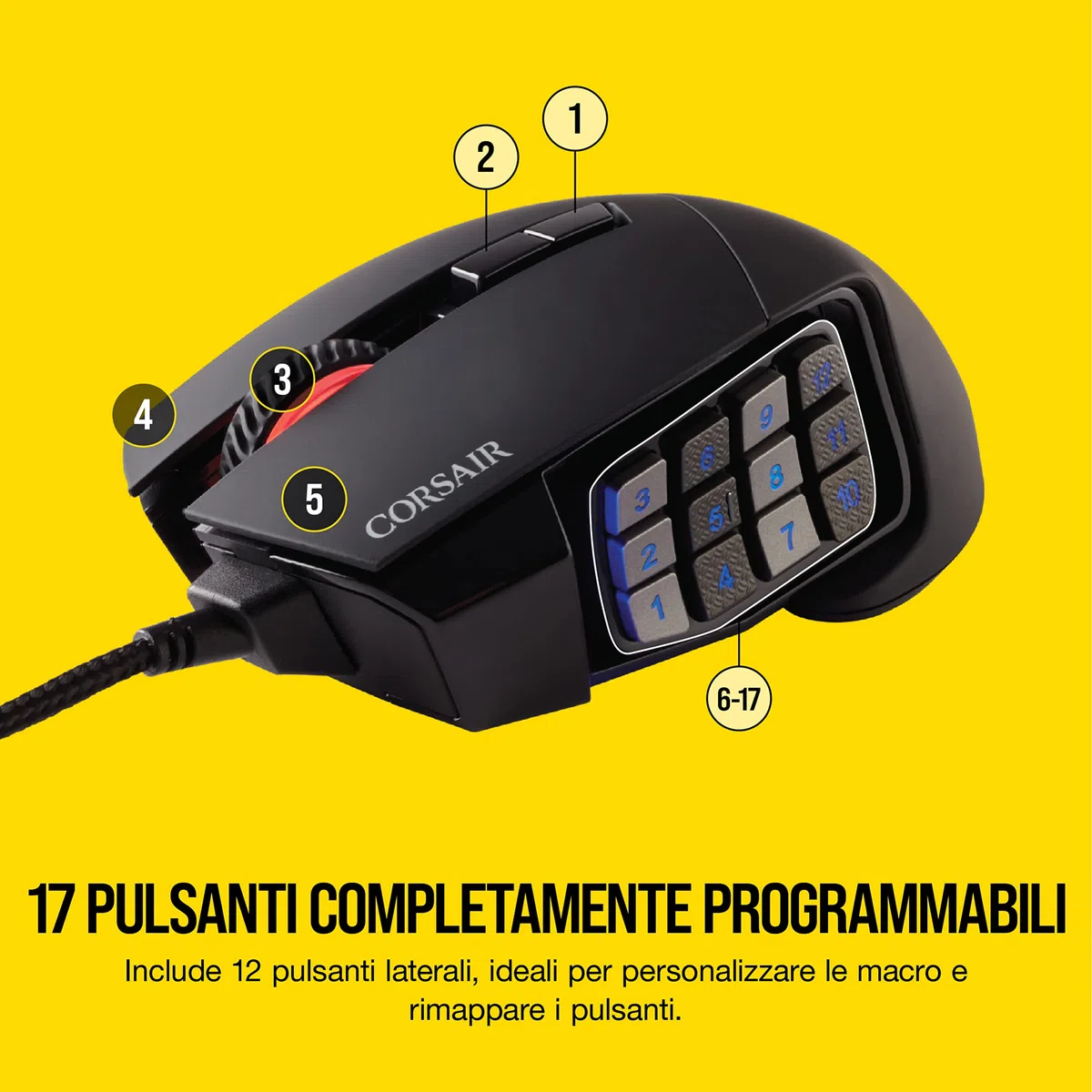Corsair Scimitar ELITE RGB Mouse Gaming Ottico per MOBA/MMO 18000 DPI, Nero