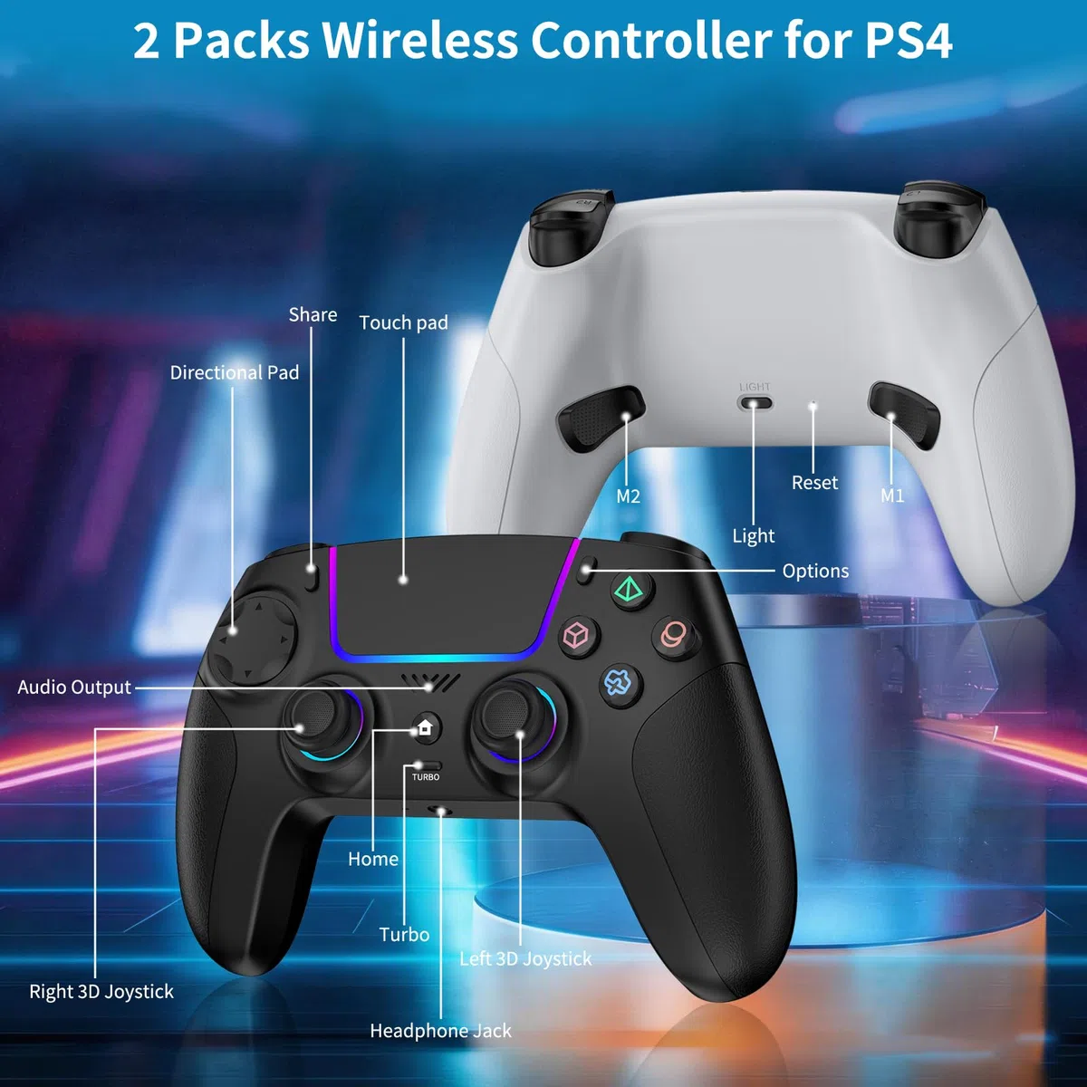 JORREP 2pcs Controller per PS4,wireless Controller joystick compatibile con PS4/PS3/Pro/Steam Deck/PC,con illuminazione RGB, doppia vibrazione, funzione Turbo,sensore di movimento, programmabile