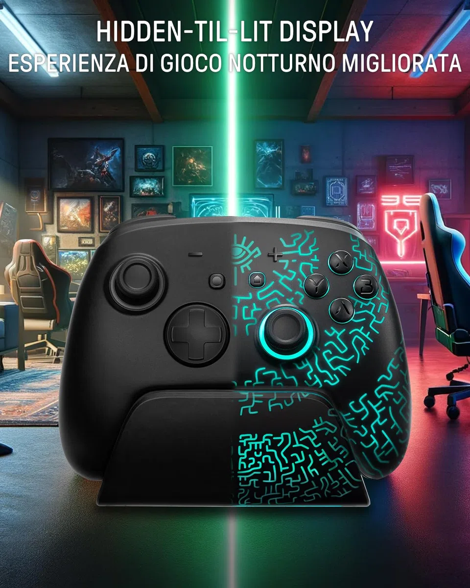 Luminex Controller Switch 2 con Dock di Ricarica, Pro Controller Wireless Compatibile Con Switch 2/Switch/OLED, Bluetooth Joypad Con Effetto Hall/7 Colori LED/Turbo/Link App - Minatore Nero