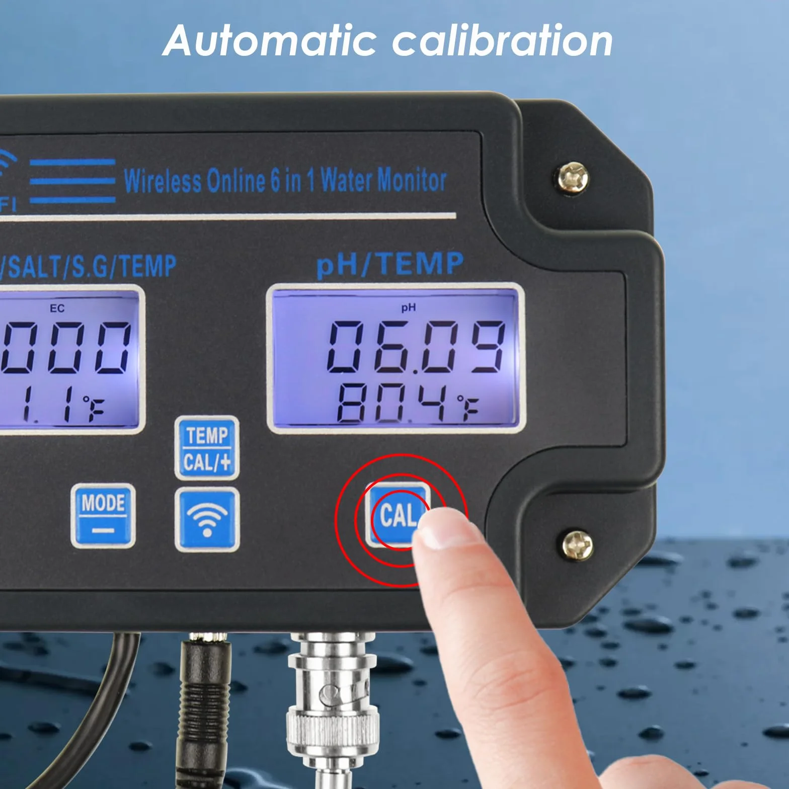 Monitor EC pH per Idroponica, Tester della Qualità dell’Acqua 6-in-1 con Wi-Fi, Misuratore di pH, Monitoraggio Continuo di pH, PPM, EC, CF, Umidità e Temp per Sistemi di Coltivazione Indoor DWC