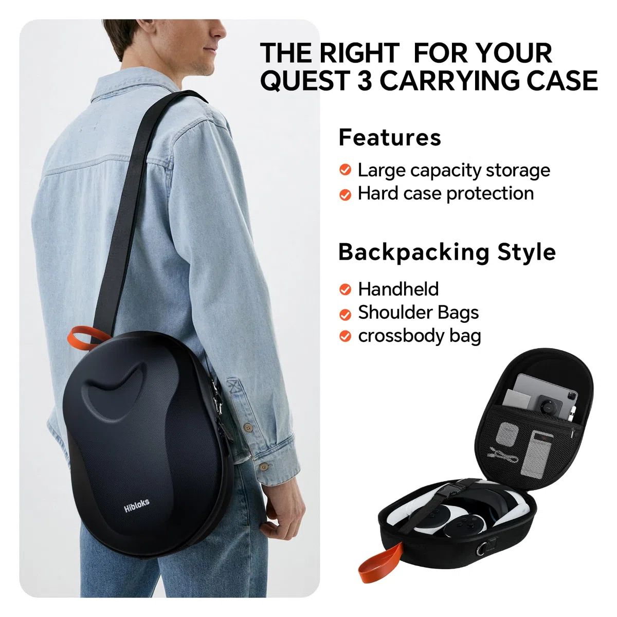 Hibloks - Custodia da trasporto per Quest 3 con porta di ricarica magnetica da 40 W, compatibile con accessori Meta Quest 3, custodia da viaggio rigida, cuffie VR all-in-one e tracolla di espansione