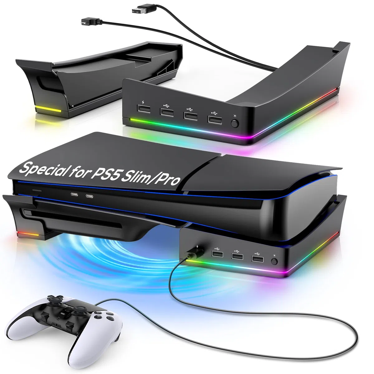 FYOUNG Supporto orizzontale aggiornato per PS5 Slim Digital & Disc Edition con 14 luci RGB, base antiscivolo accessori con 4 porte USB - Solo per Playstation 5 Slim 2023 (nero), P5S2B