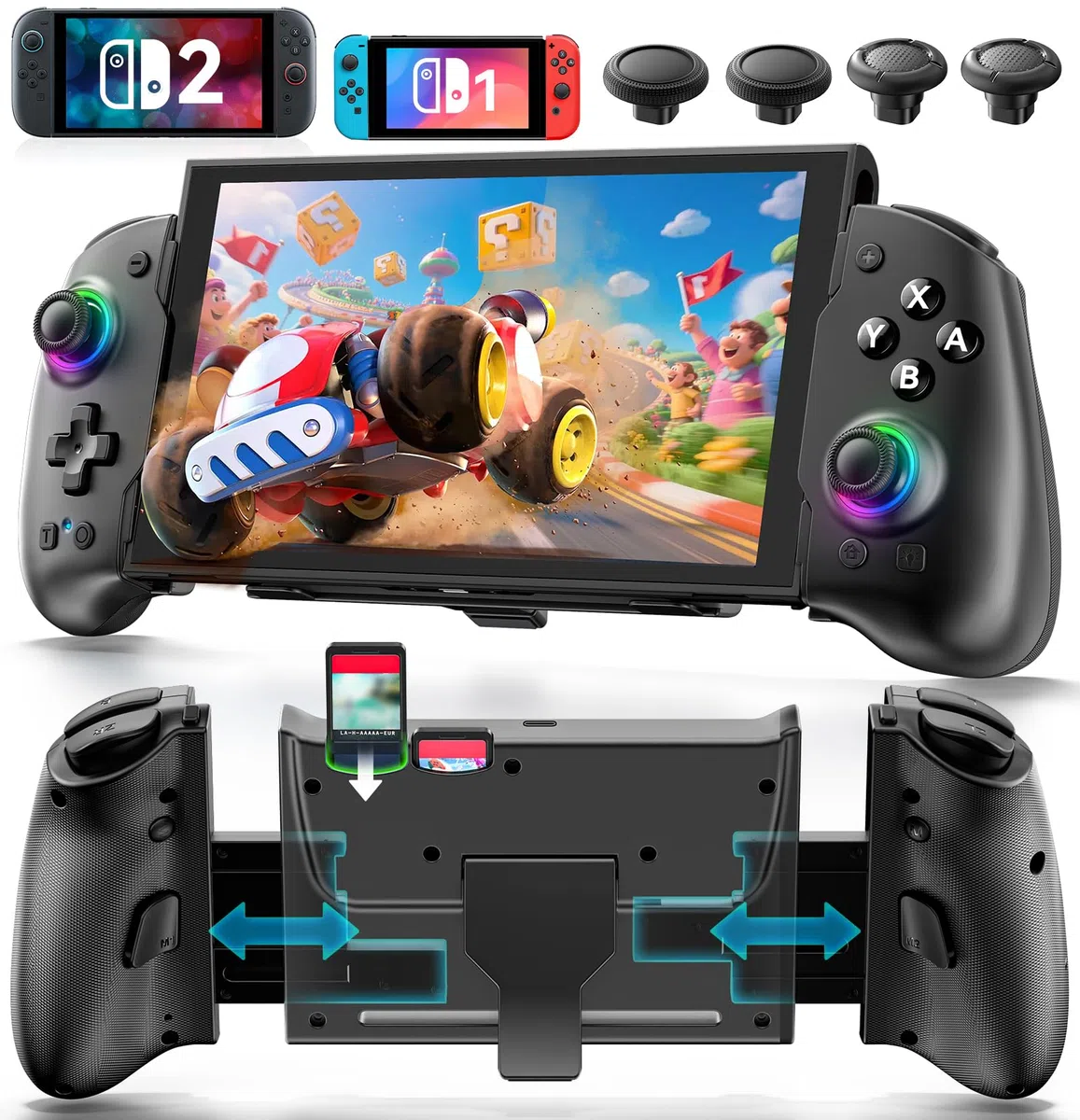 Controller per Switch 2/Switch/OLED con TMR Joystick, Monoblocco Estensibile Joypad Nintendo Switch, Gamepad Sostitutivo Switch Pro con Luci RGB, TURBO Regolabile, Vibrazione, Macro Programmabile