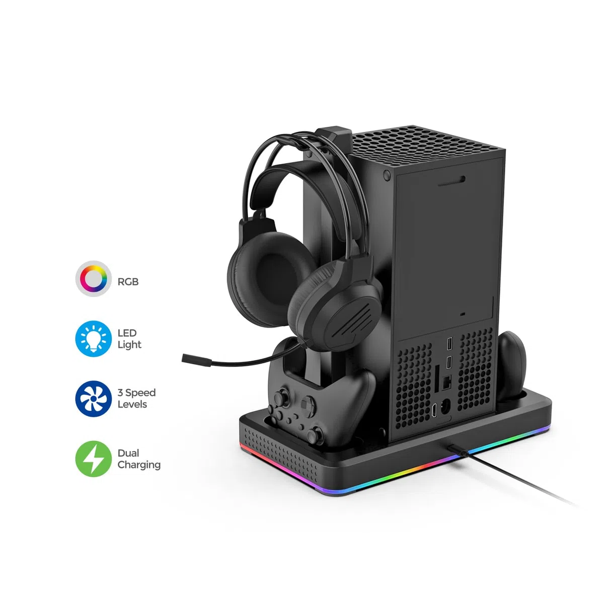 Base di raffreddamento RGB con ventola per Xbox Series X/S, caricatore controller e supporto cuffie (Nero)