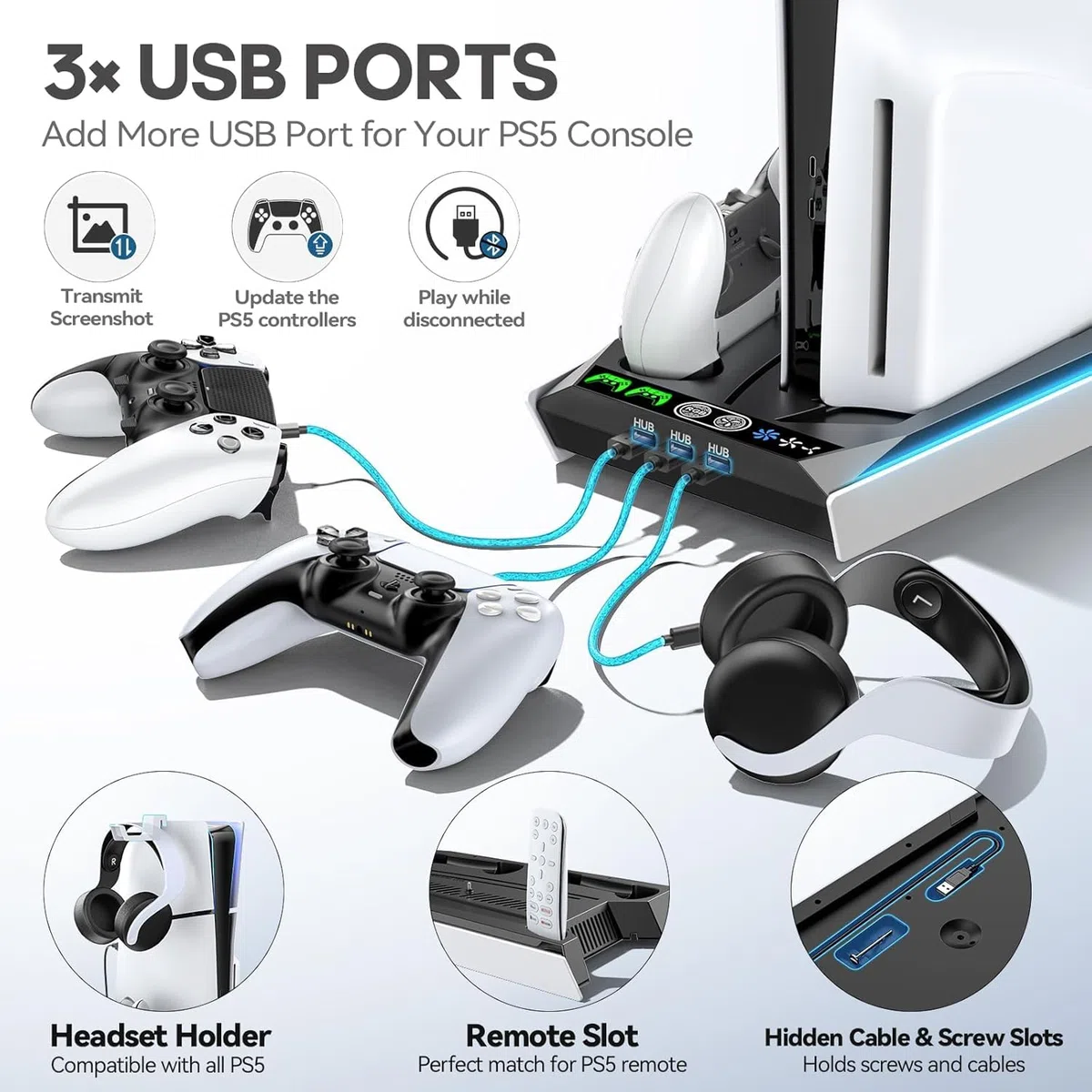 Tokluck Supporto per PS5 e Raffreddamento per PS5/PS5 Slim/PS5 PRO, Ricarica per P5 & Edge Controller, Ventola P5 a 3 velocità con 3 USB HUB