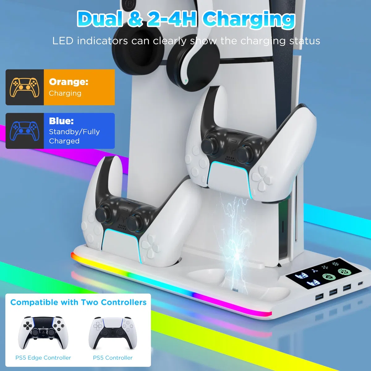 PS5/PS5 Slim Verticale Supporto di Raffreddamento, Stazione di raffreddamento per PS5/PS5 Slim con 3 Velocità, Ganci per Cuffie Stazione di Ricarica Doppio Controller, per Disc/Digital Edition