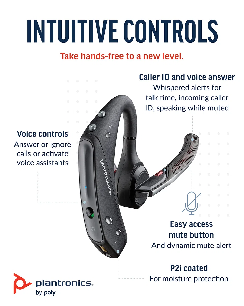 Poly Voyager 5200, Auricolare Senza Filo, Connessione Bluetooth 5.0 e USB-A, Comandi sul Dispositivo, Imbottitura in Similpelle, Autonomia 7 Ore, Base di Ricarica, Compatibile con Windows e mac, Nero