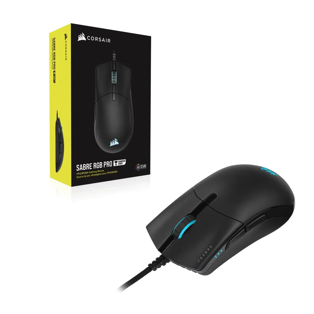 Corsair SABRE RGB PRO CHAMPION SERIES Mouse Gaming Ergonomico Leggero 74 g Cavo Paracord QUICKSTRIKE Nero