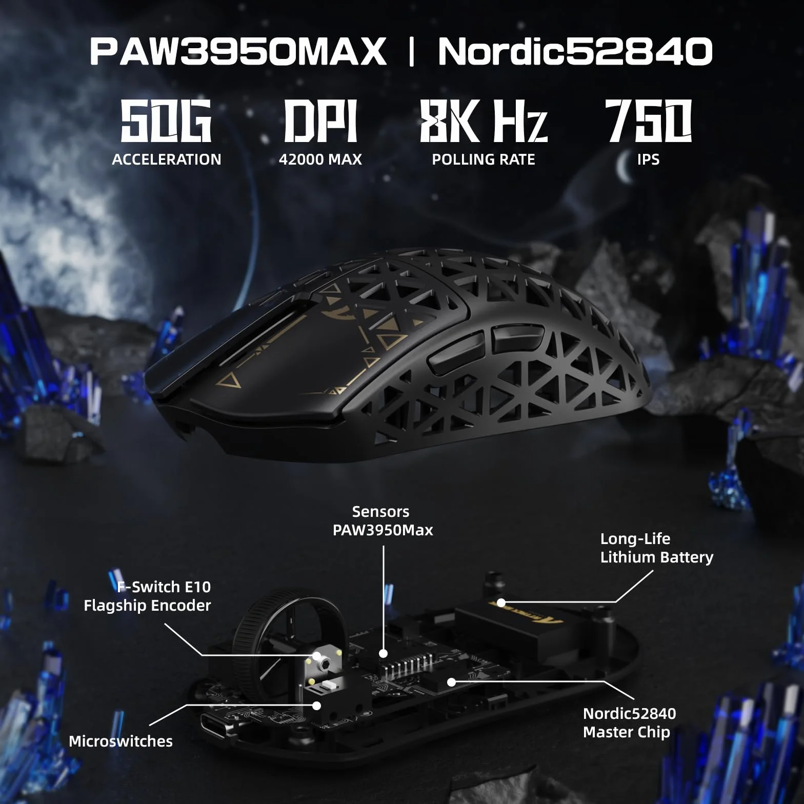 ATTACK SHARK R5 Ultra Mouse da Gioco Wireless HyperSpeed Fibra Carbonio, Mouse Ultraleggero 39g, 2,4G/BT/USB-C Cablato, Sensore PAW3950MAX, Frequenza Polling Wireless 8KHz, 42KDPI, Win/Mac -Nero