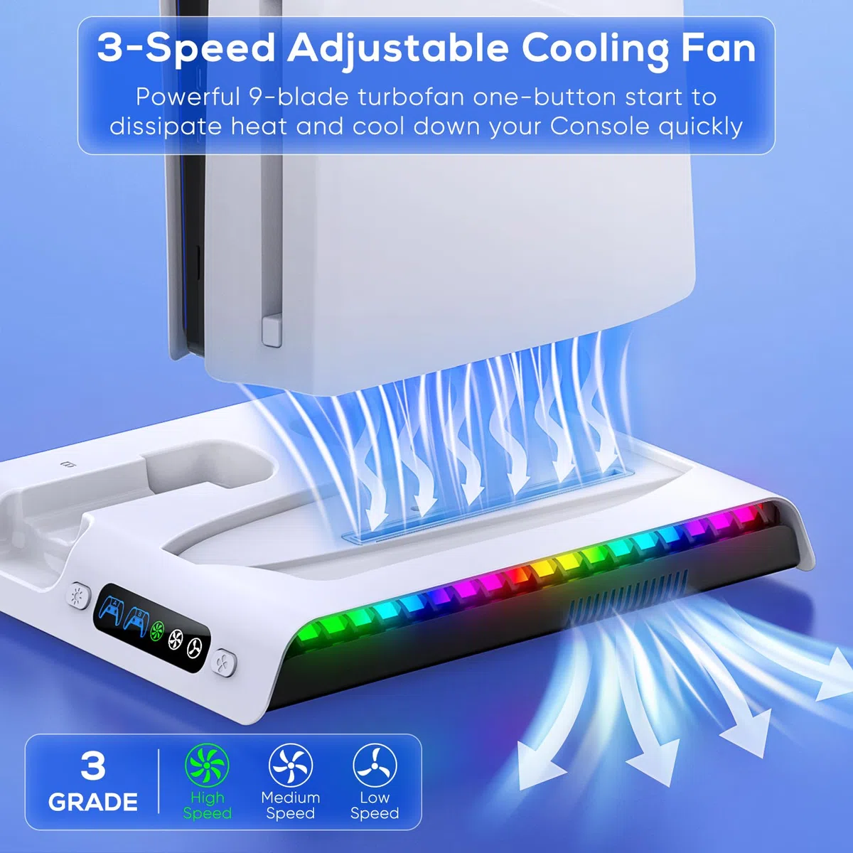 FYOUNG Supporto verticale per console PS5 Slim con ventola e controller di ricarica, supporto di raffreddamento multifunzione per PlayStation 5 Slim Accessori con luce 9RGB (solo per PS5 Slim)