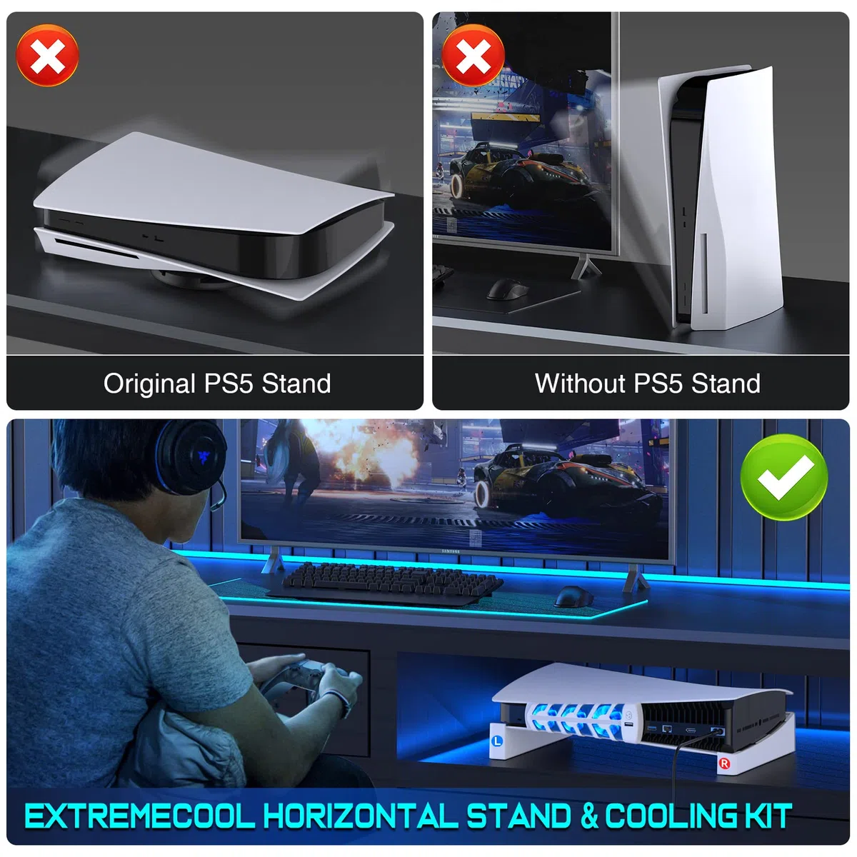 ALEEMTRY Supporto PS5, Base PS5 Orizzontale con Ventola/Luce LED/3 Ventole di Raffreddamento in 1/Cuscinetti in Gomma Antiscivolo, Supporto PS5 per Disco e Console per Edizione Digitale