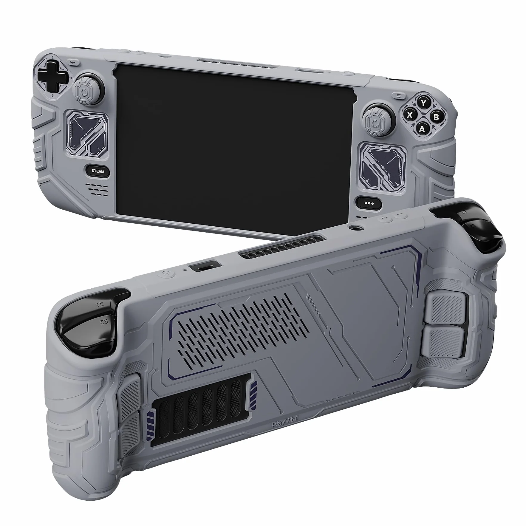 playvital Cover Skin per Steam Deck OLED/LCD, Custodia Silicone Grip Antiscivolo&Copri Levette Analogiche&Tasti Posteriori&Adesivi, Accessori per Steam Deck, Mecha-Grigio