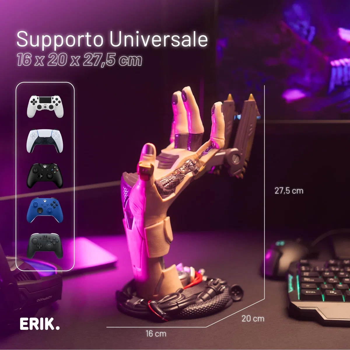 Grupo Erik Porta Cuffie da Scrivania e Porta Joystick PS5 Cyberpunk Supporto Controller PS5, PS4, XBOX Accessori Gaming Room 16x20x27.5 cm