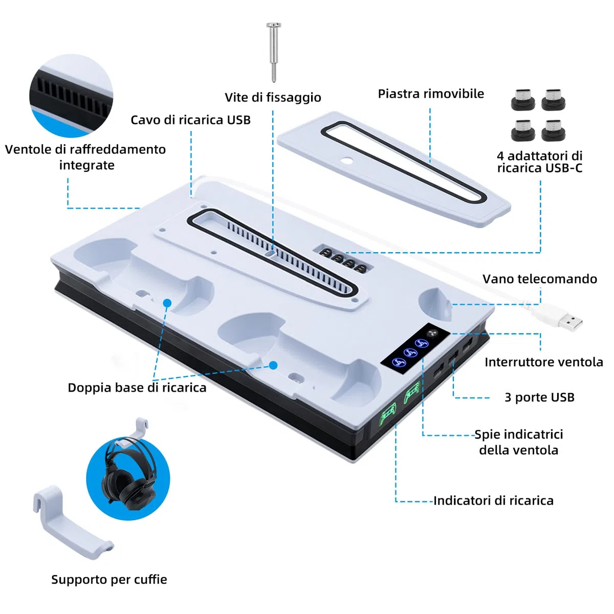 Mcbazel PS5/PS5 PRO/PS5 Slim Verticale Supporto di Raffreddamento, Stazione Ventola di Raffreddamento Regolabile con Supporto Cuffie,Stazione di Caricatore Doppio Controller Joystick per PS5 Slim/PS5