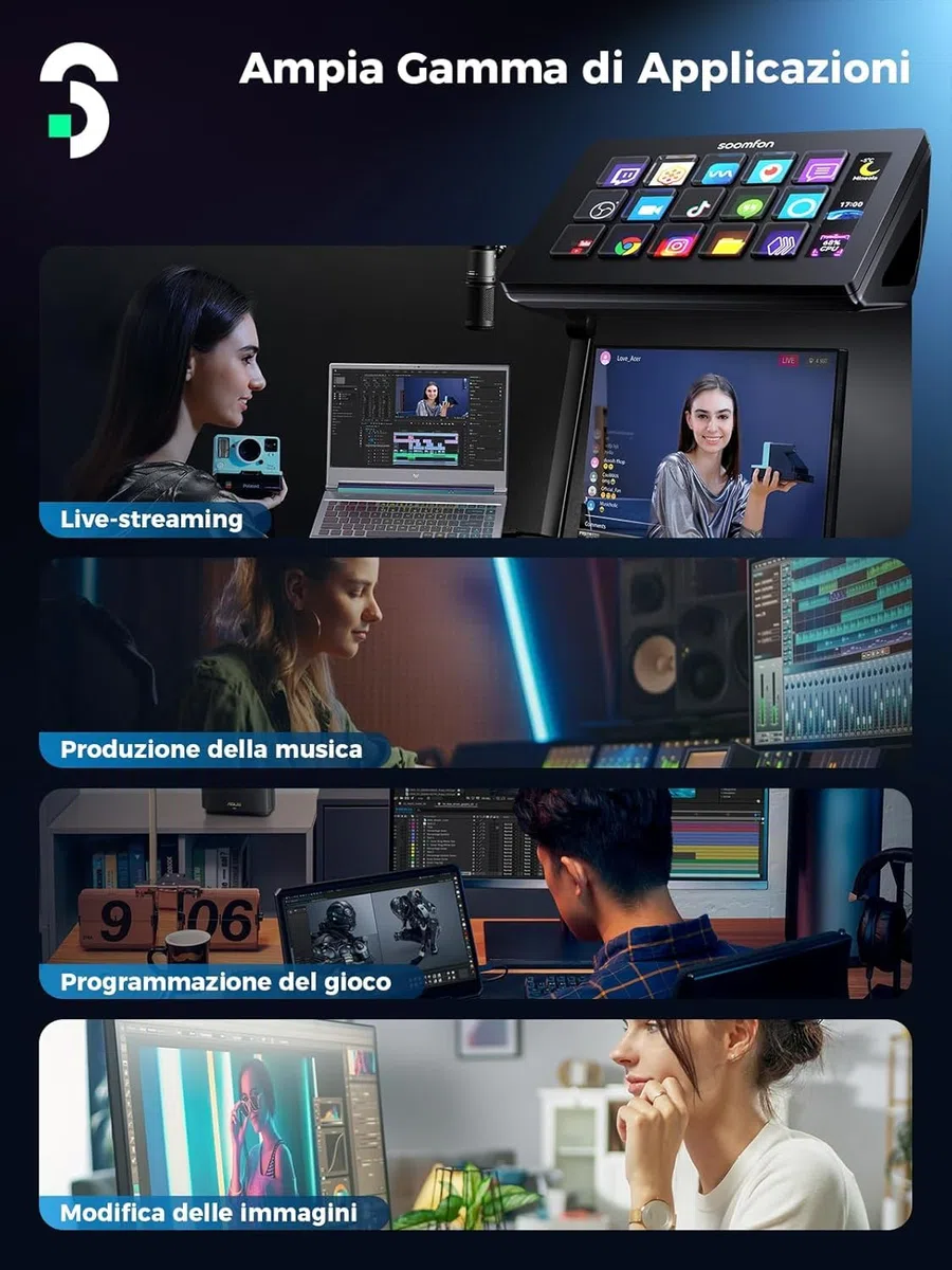 SOOMFON Stream Controller Deck V.2024, 15 Macro Pulsanti LCD Personalizzabili per OBS, Twitch, YouTube, Live-Streaming