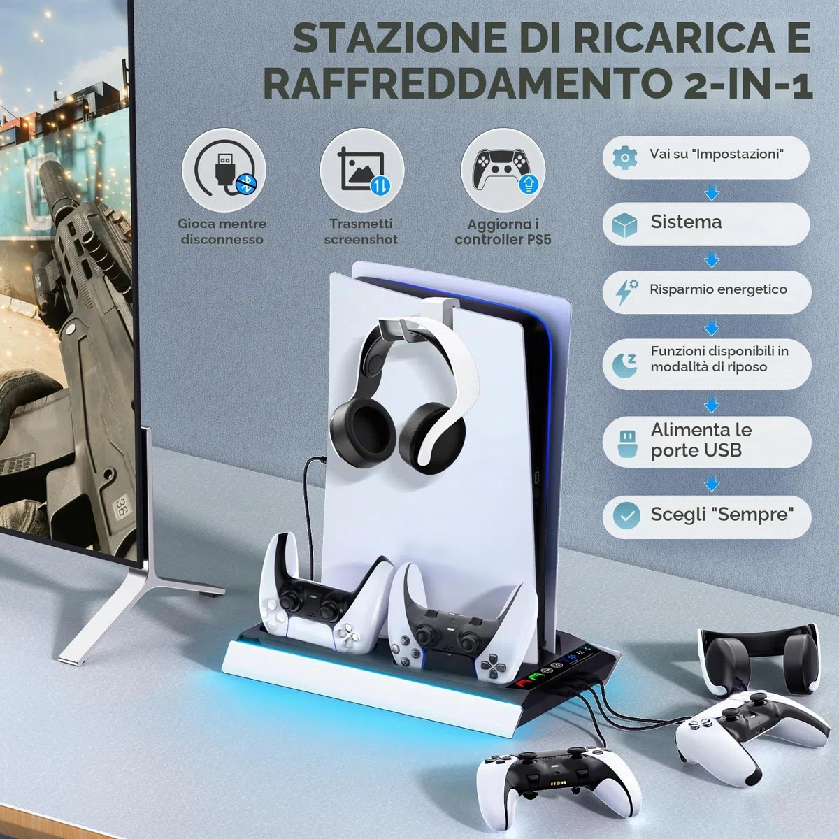 Tokluck Supporto PS5 con Ventola di Raffreddamento Automatica, Base PS5 Slim con Controllere di Ricarica PS 5, Stazione Ricarica Controller PS5 per Controllere P5 & Edge & PRO, Accessori P5/Slim
