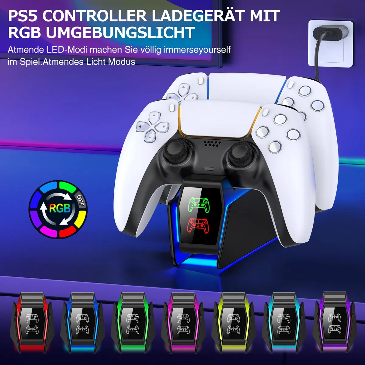 PS5 - Stazione di ricarica per controller PS5 Dual PS5 con luce RGB, stazione di ricarica PS5 con ricarica rapida da 2 ore, stazione di ricarica PS5 per controller PS5 e controller Edge (nero)