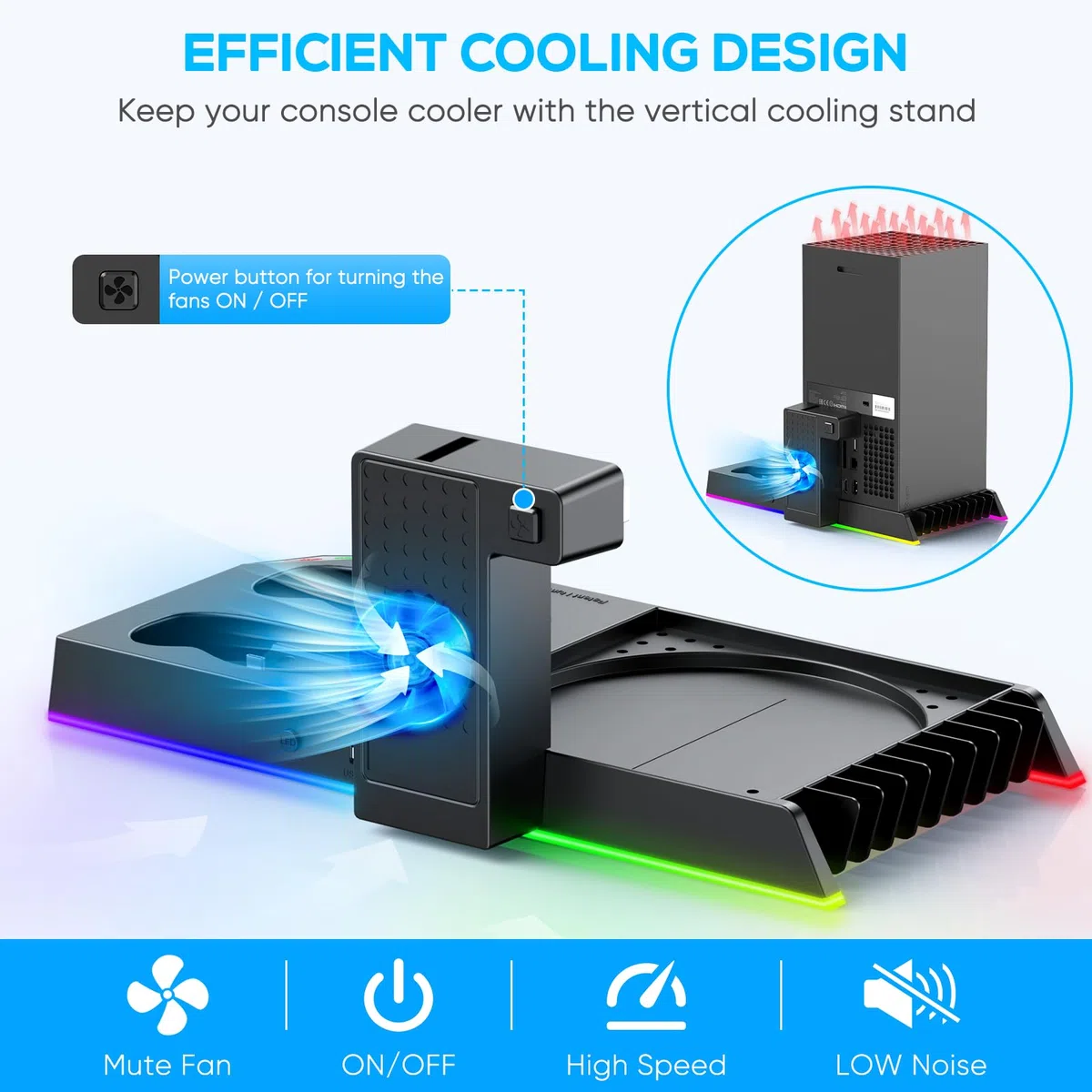 FASTSNAIL Supporto LED RGB per Xbox Series X, controller stazione di ricarica con 2 batterie da 1400 mAh, ventola di raffreddamento e accessori