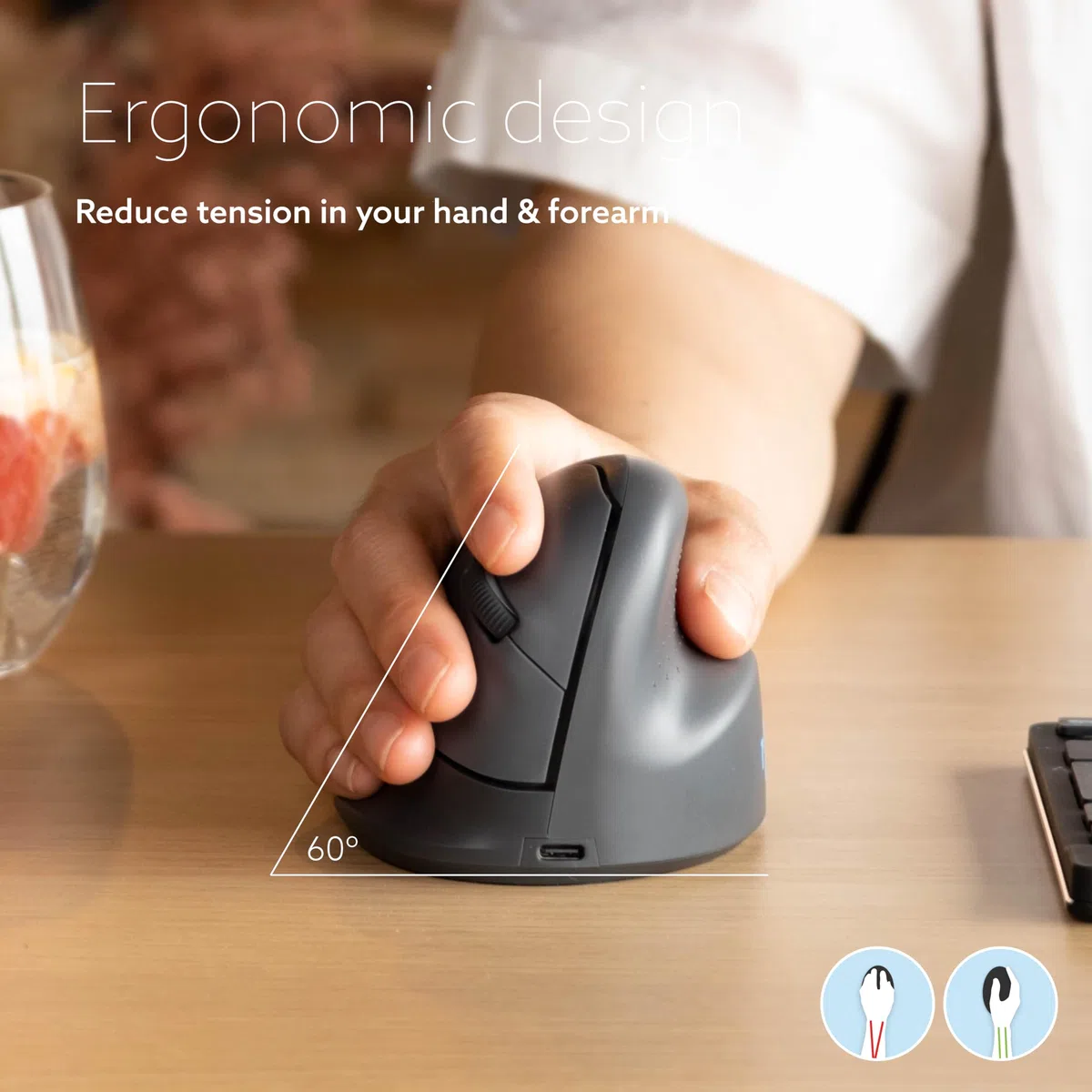 R-Go HE Basic - Mouse ergonomico senza fili, Bluetooth 5.0, ricaricabile, design verticale, 1600 DPI e 3 pulsanti, previene gomito del tennista/braccio RSI, per Windows/Mac, nero