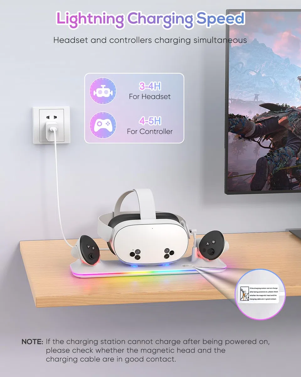 Kinwin Dock di Ricarica Magnetica per Meta Quest 3S/3, Stazione di Ricarica con Luce RGB e 2 Batterie Ricaricabili