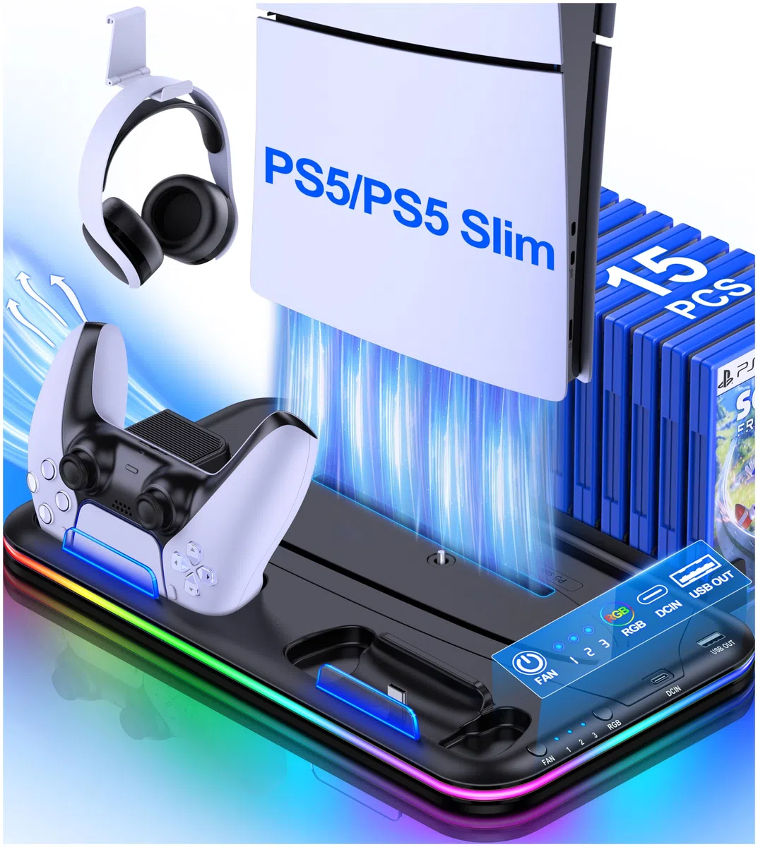 HELLCOOL Base PS5 Slim, Supporto con Ventola di Raffreddamento/Luci RGB/Doppio Ricarica Controller/Supporto per Cuffie/15 Slot di Gioco, Stand per PS5 Disc/Digital Edition