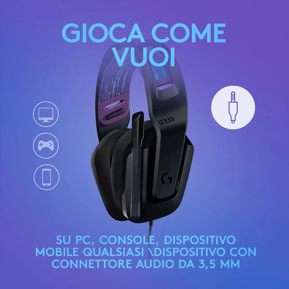 Logitech G G335 Cuffia Gaming Cablata con Microfono Flip-to-Mute, Jack 3,5 mm, Memory Foam, Leggera, Compatibile PC, PS, Xbox, Nintendo Switch - Nero
