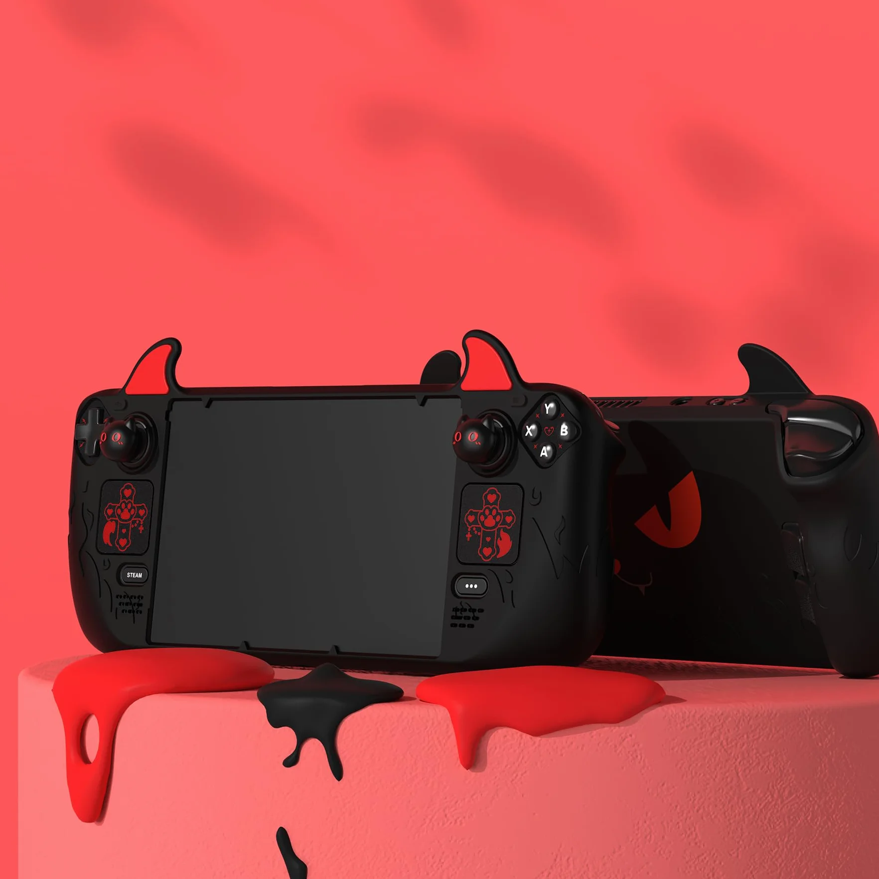 PlayVital Cover Skin per Steam Deck OLED/LCD, Custodia Silicone Protettiva Grip Antiscivolo&Copri Levette Analogiche&Adesivi per Trackpad&Tasti Posteriori, Demone Carino, Nero
