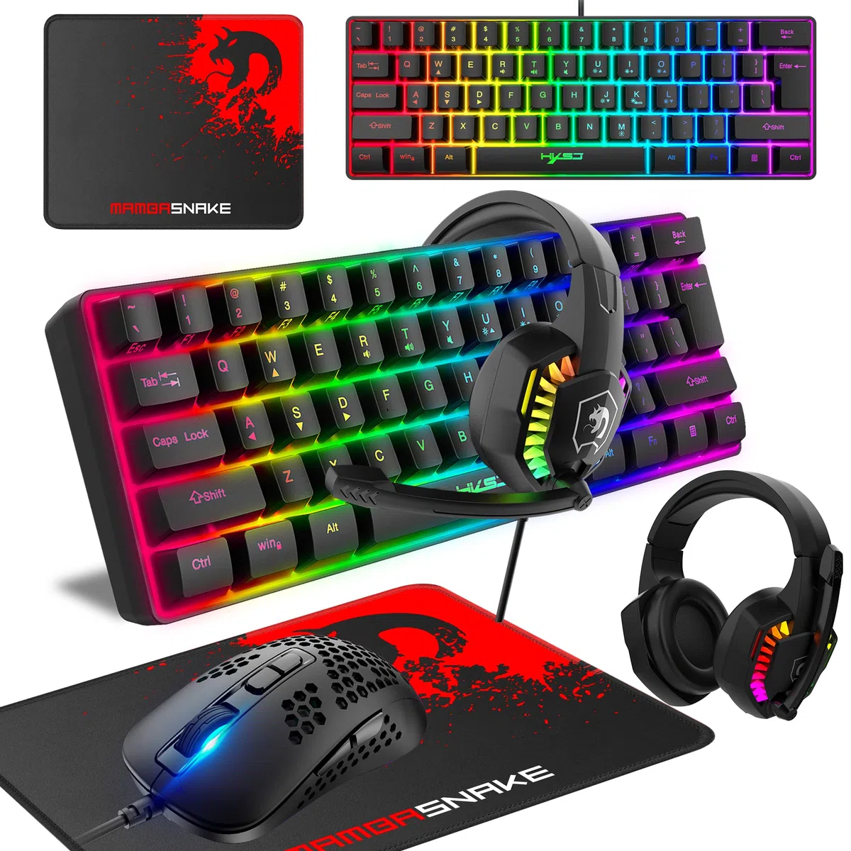 60% Wired Compact Gaming Keyboard Mini 61 Tasti 11 RGB Retroilluminazione Anti-ghosting + Mouse leggero cablato 2400DPI Optical +RGB auricolare +Mouse Pad