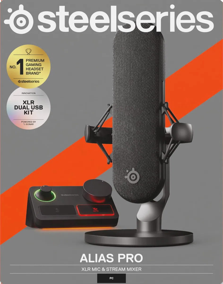 SteelSeries Alias Pro Kit - Microfono XLR + Stream Mixer - Capsula 3x più grande per il gioco, lo streaming e il podcasting - Interfaccia USB/XLR - Controlli personalizzati - RGB - PC singolo o doppio