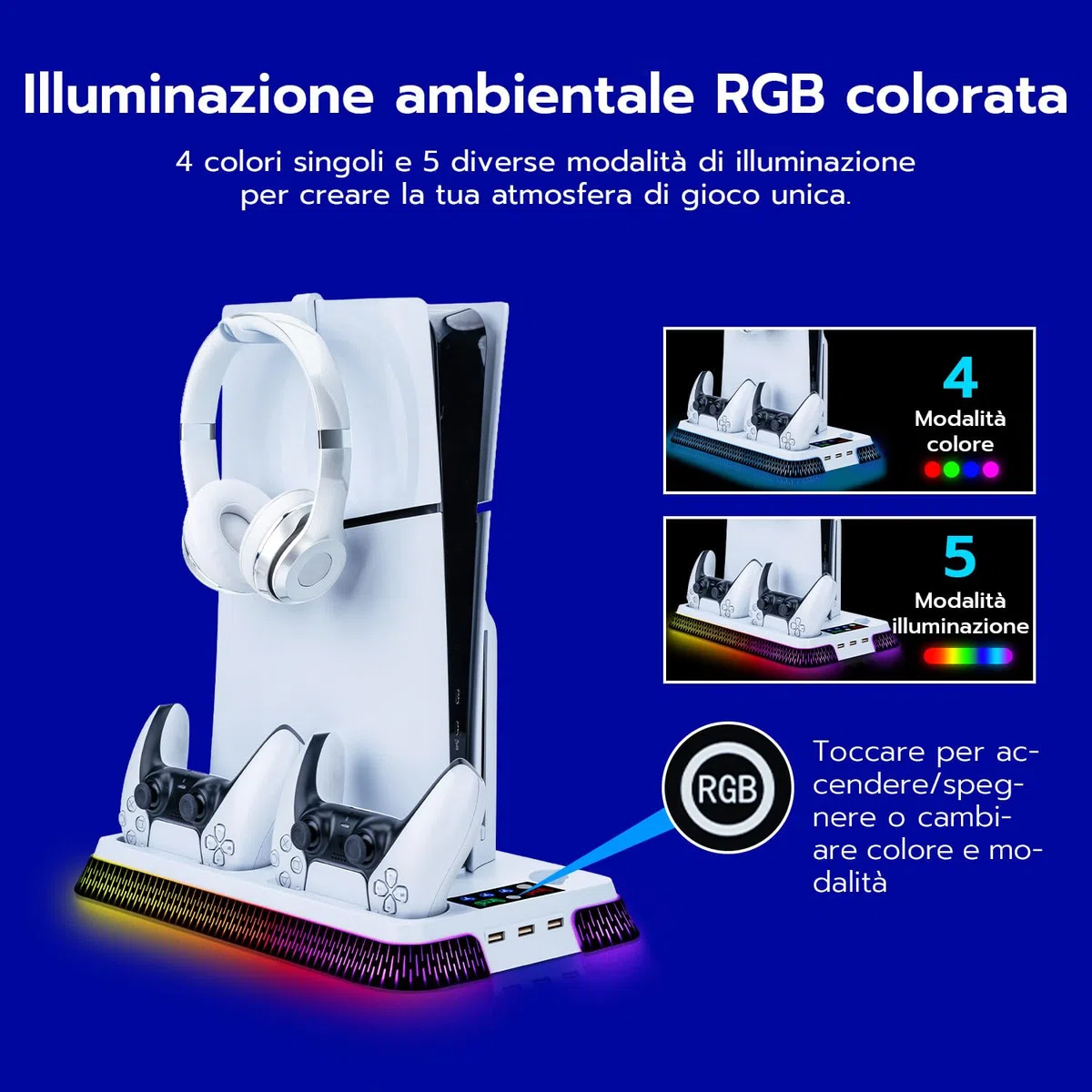 Wigearss Supporto Verticale Raffreddamento PS5/PS5 Slim/PS5 Pro con Doppio Caricatore Controller, Base di Ricarica Joystick PS5 con Ventola Raffreddamento, Illuminazione RGB per PS5/PS5 Slim/PS5 Pro