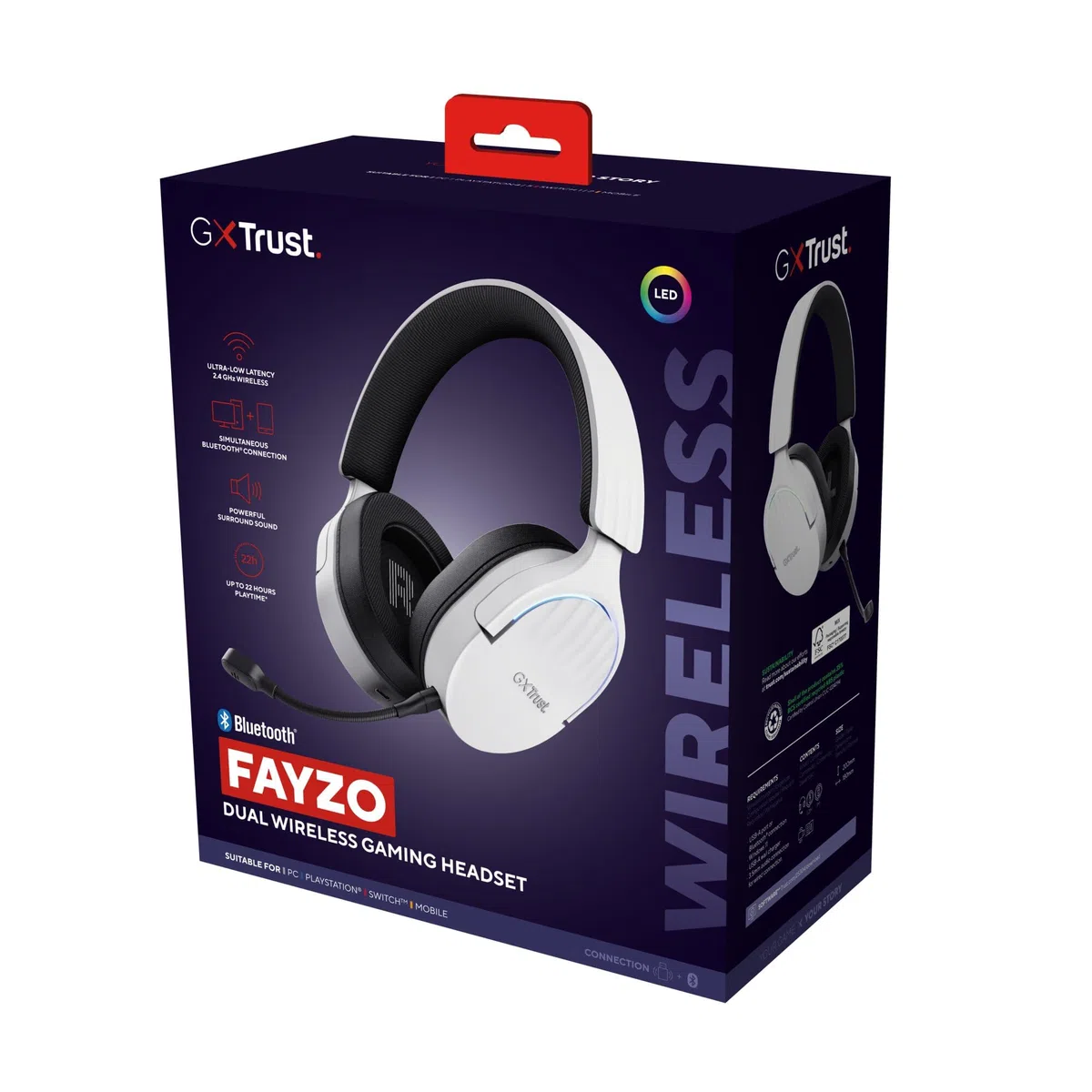 GXTrust 491W Fayzo Cuffie Gaming Wireless Bluetooth + 2.4 GHz, Audio Surround 7.1, Batteria da 22 Ore, 35% Plastica Riciclata, RGB Cuffie Bluetooth Over Ear PC PS5 PS4 Switch - Bianco