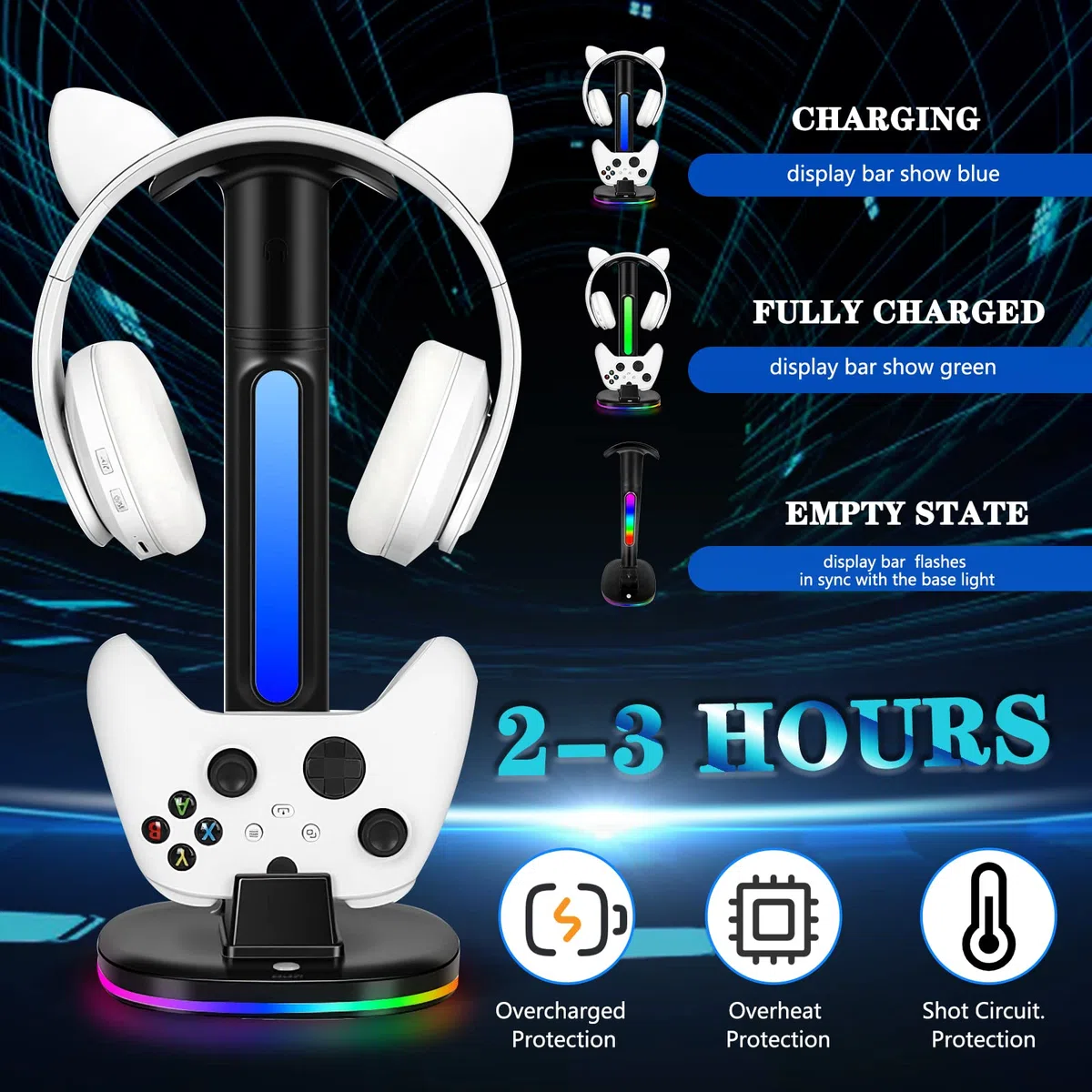 Caricabatterie per controller con supporto per cuffie RGB per Xbox Series X|S/One/One X/One S, XSX con 2 porte di ricarica USB, supporto per cuffie per stazione di ricarica Xbox, nero