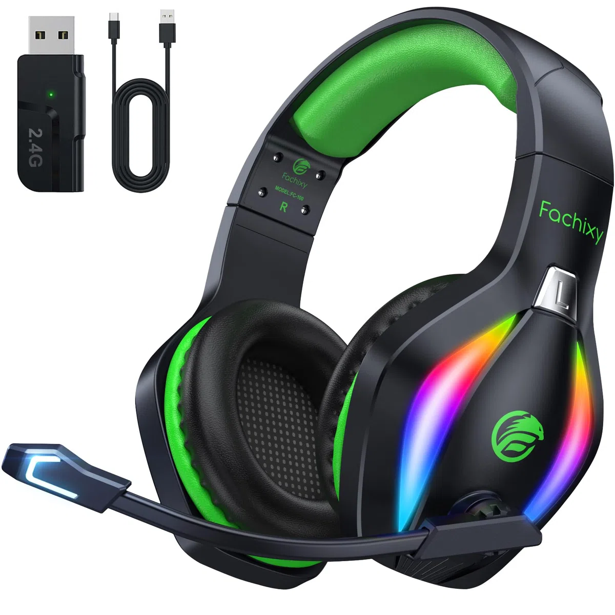 Fachixy FC100 Cuffie da gioco senza fili 2.4GHz Bluetooth microfono Suono stereo 3D 50 ore Batteria PS4 PS5 PC nero-verde