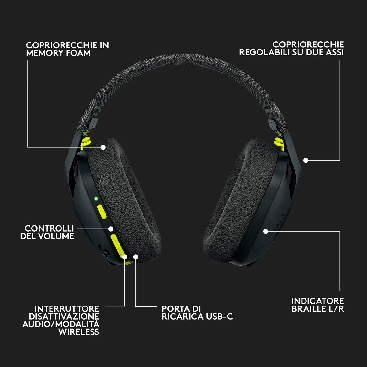 Logitech G G435 Lightspeed Wireless Bluetooth Gaming Headset Over-Ear Lightweight 18h Battery Dolby Atmos PC PS4 PS5 Switch Nero