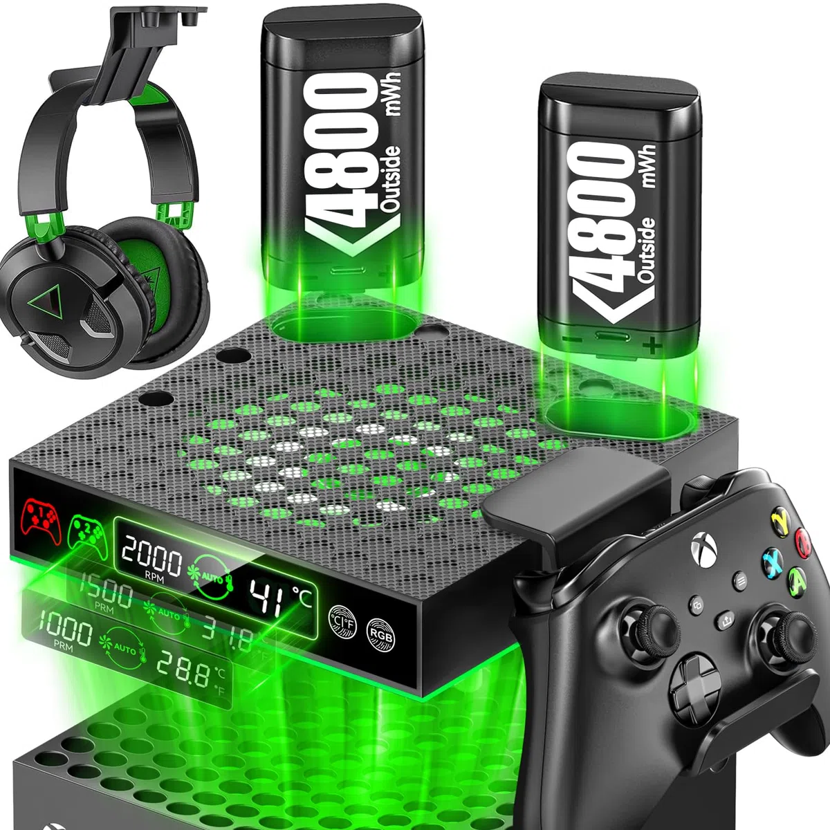 Ventola Raffreddamento Automatica per Xbox Series X & S, 9 Modalità Illuminazione RGB, 4800 mWh Batterie Ricaricabili, Accessori Xbox Series X