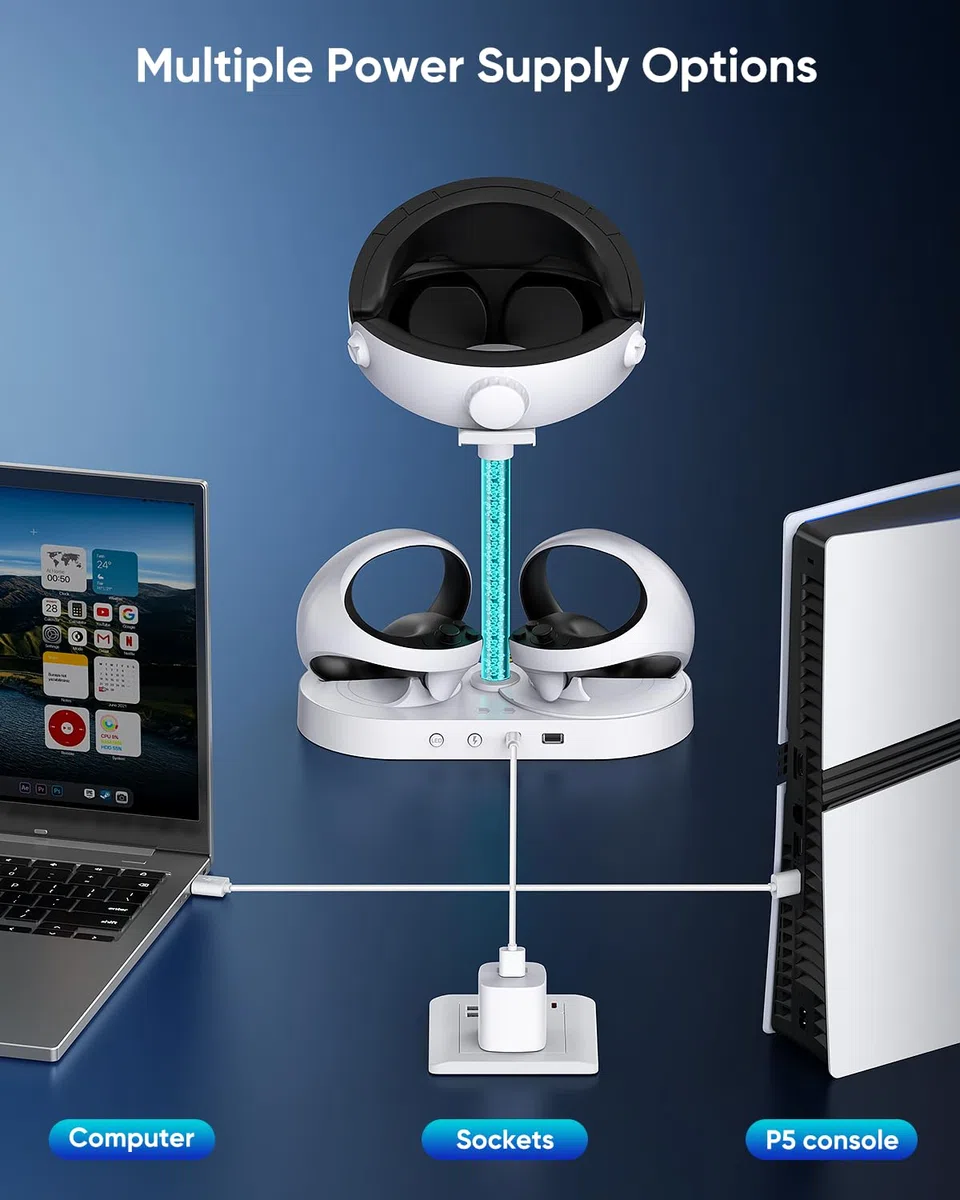 FASTSNAIL Stazione di ricarica per PSVR2, supporto LED per cuffie PS5 VR e controller Sense con 10 luci RGB, accessori compatibili con Playstation VR2