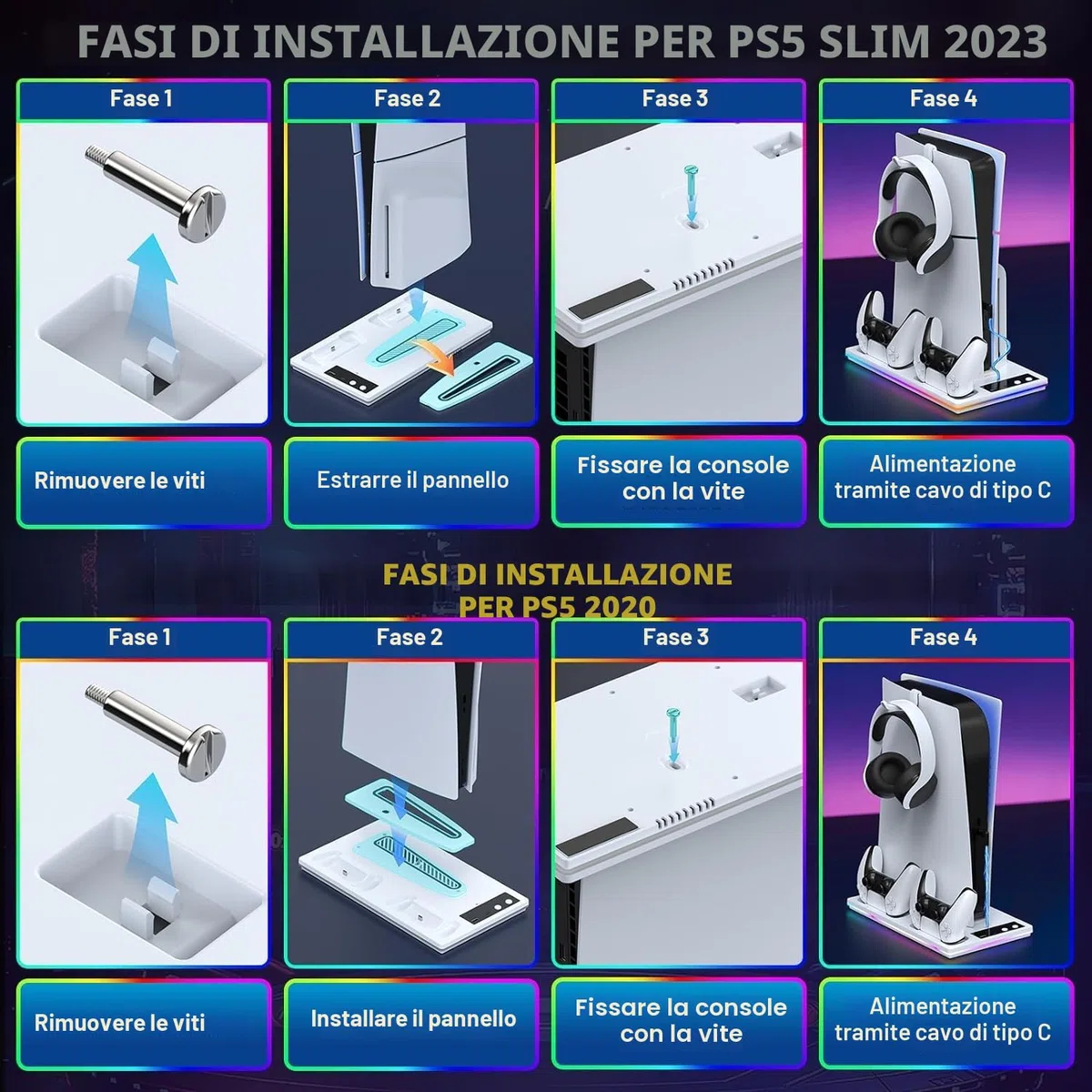 PS5 Supporto Verticale con Ricarica Controller e Ventola di Raffreddamento per PlayStation 5 Pro, Slim, Standard