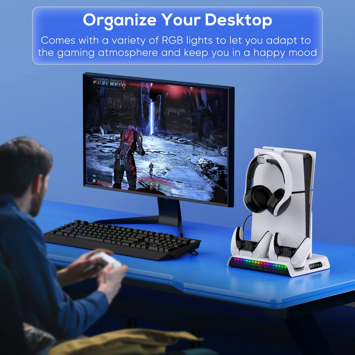 FYOUNG Supporto verticale per console PS5 Slim con ventola e controller di ricarica, supporto di raffreddamento multifunzione per PlayStation 5 Slim Accessori con luce 9RGB (solo per PS5 Slim)