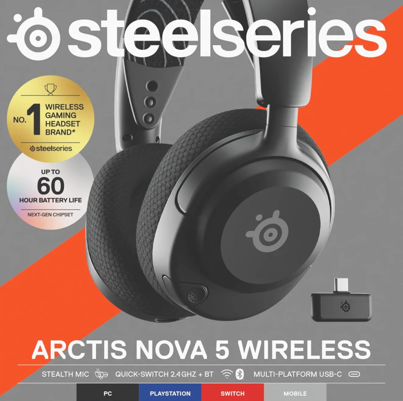 SteelSeries Arctis Nova 5 Cuffie Gaming Wireless Multi-Sistema Driver Magnetici al Neodimio 100+ Preset Audio Batteria 60 HR 2,4GHz BT Microfono ClearCast Gen2.X PC PS5 Cellulare