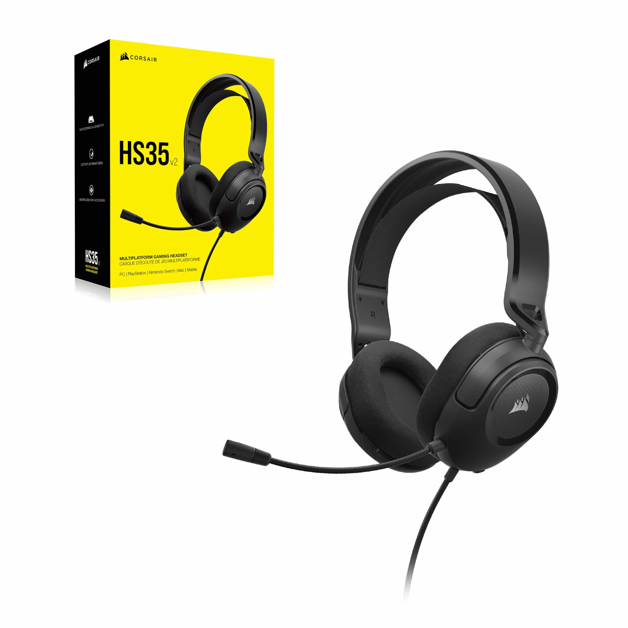 Corsair HS35 v2 Cuffie Gaming Multipiattaforma con Microfono Omnidirezionale Flessibile, Cavo 3,5 mm per PC, PS5, Xbox, Carbonio