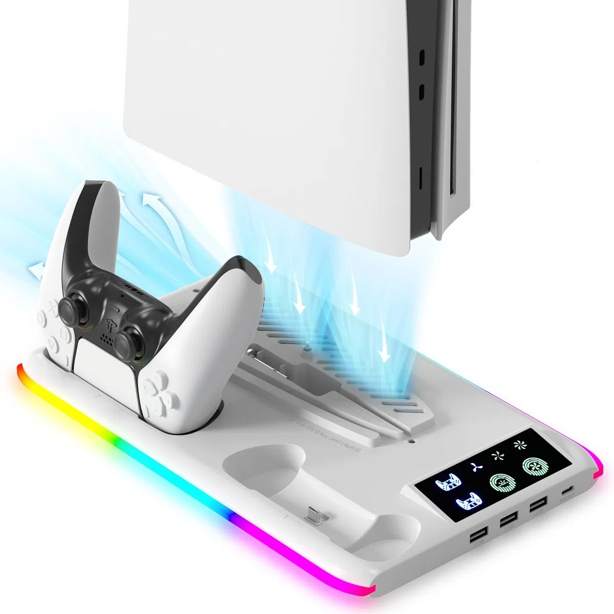 PS5/PS5 Slim Verticale Supporto di Raffreddamento, Stazione di raffreddamento per PS5/PS5 Slim con 3 Velocità, Ganci per Cuffie Stazione di Ricarica Doppio Controller, per Disc/Digital Edition