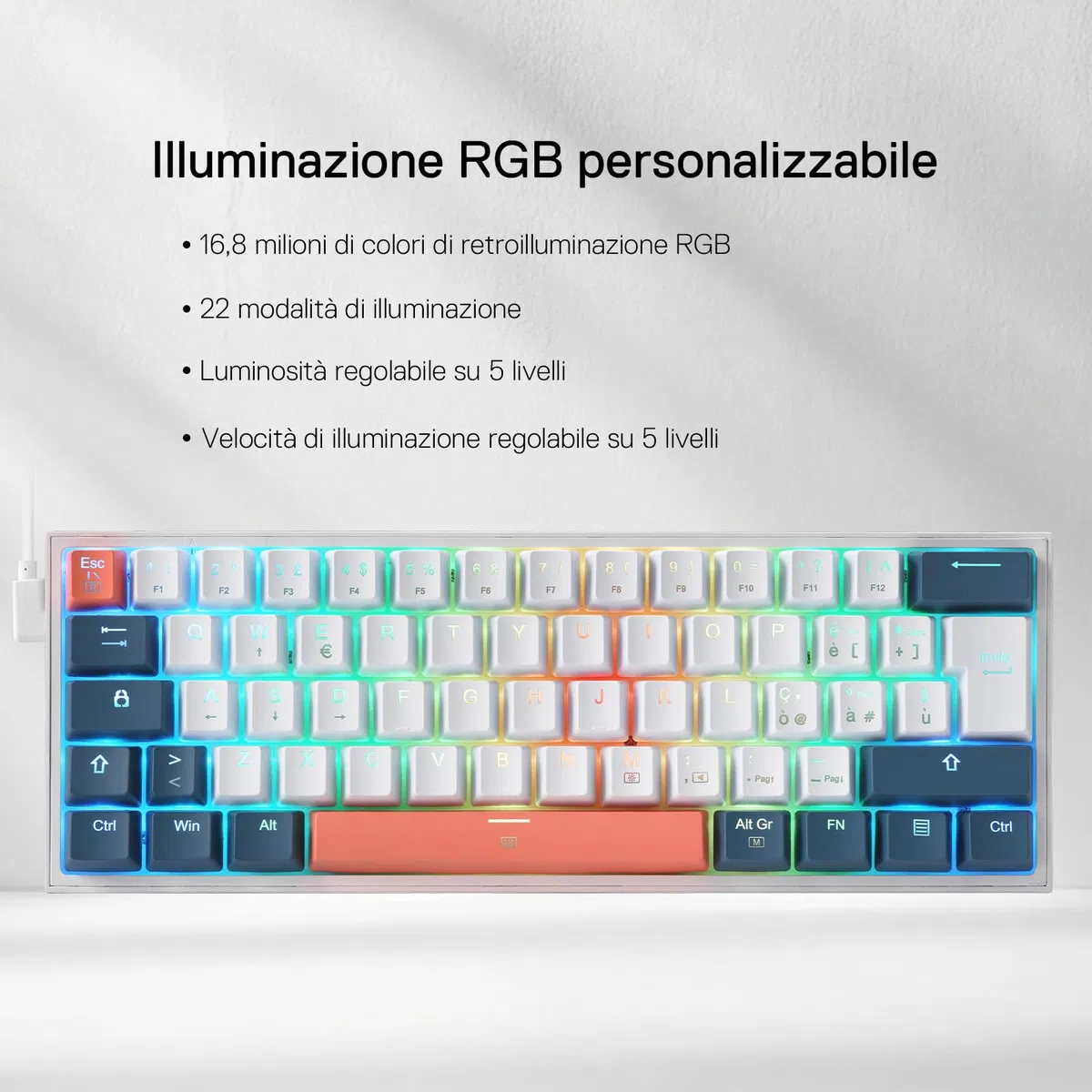 Redragon K617 Fizz 60% Wired RGB Gaming Tastiera Meccanica, 62 Tasti Hot-Swap, Interruttori Rossi Lineari, Layout Italiano QWERTY