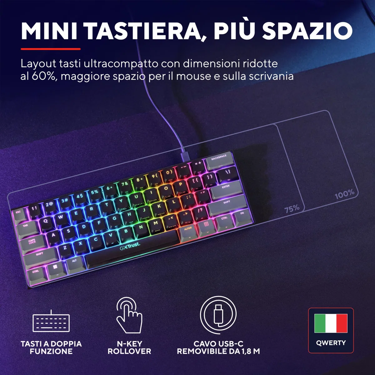 Acira Tastiera Meccanica 60% Layout Italiano QWERTY Retroilluminata RGB Gaming Programmabile USB Nero