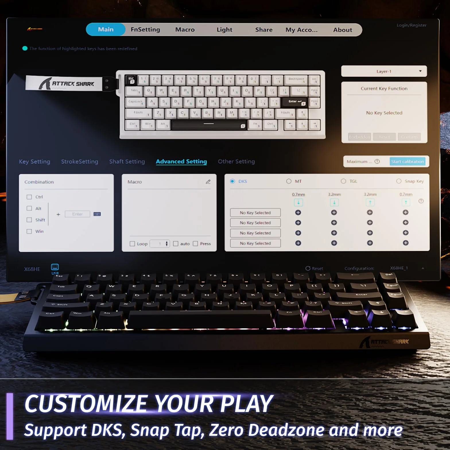 ATTACK SHARK X68 HE Tastiera Gaming 60% Cablata Rapid Trigger 8000Hz Switch Magnetici Attuazione Regolabile Snap Tap Nero