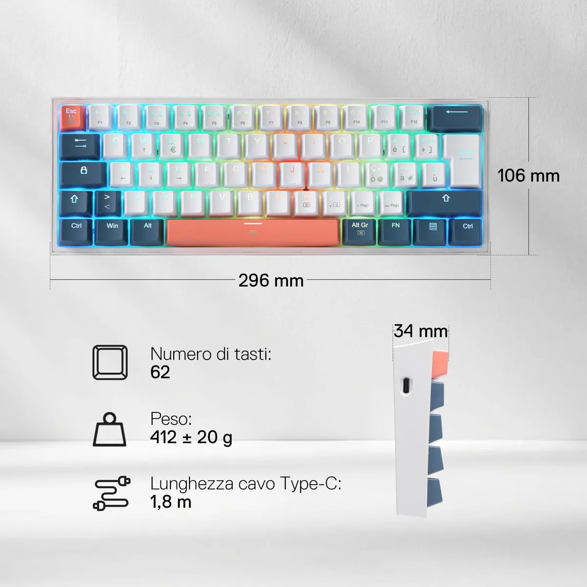 Redragon K617 Fizz 60% Wired RGB Gaming Tastiera Meccanica, 62 Tasti Hot-Swap, Interruttori Rossi Lineari, Layout Italiano QWERTY